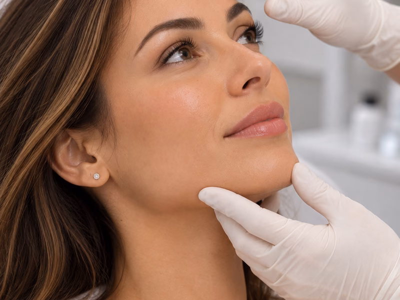 A practitioner assessing a client during an anti-wrinkle consultation